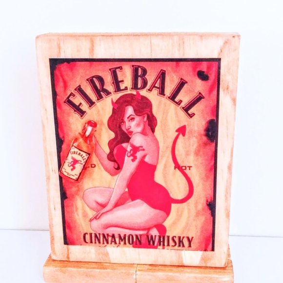 Fireball Girl Wood Block Sign - Tiered Tray, Shelf Sitter & Desk & Bar Decor - Picture 1 of 3